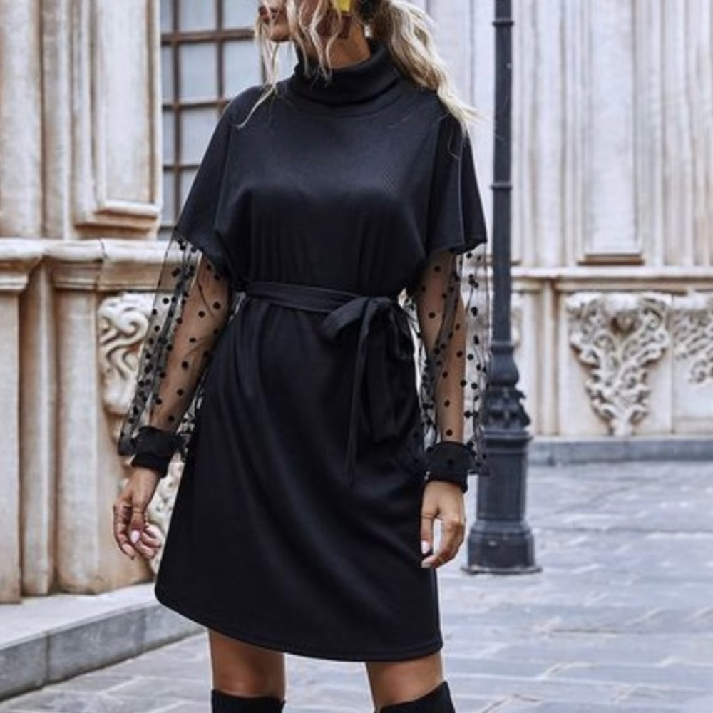 NWOT Black knee length dress with puffy long sleeves.